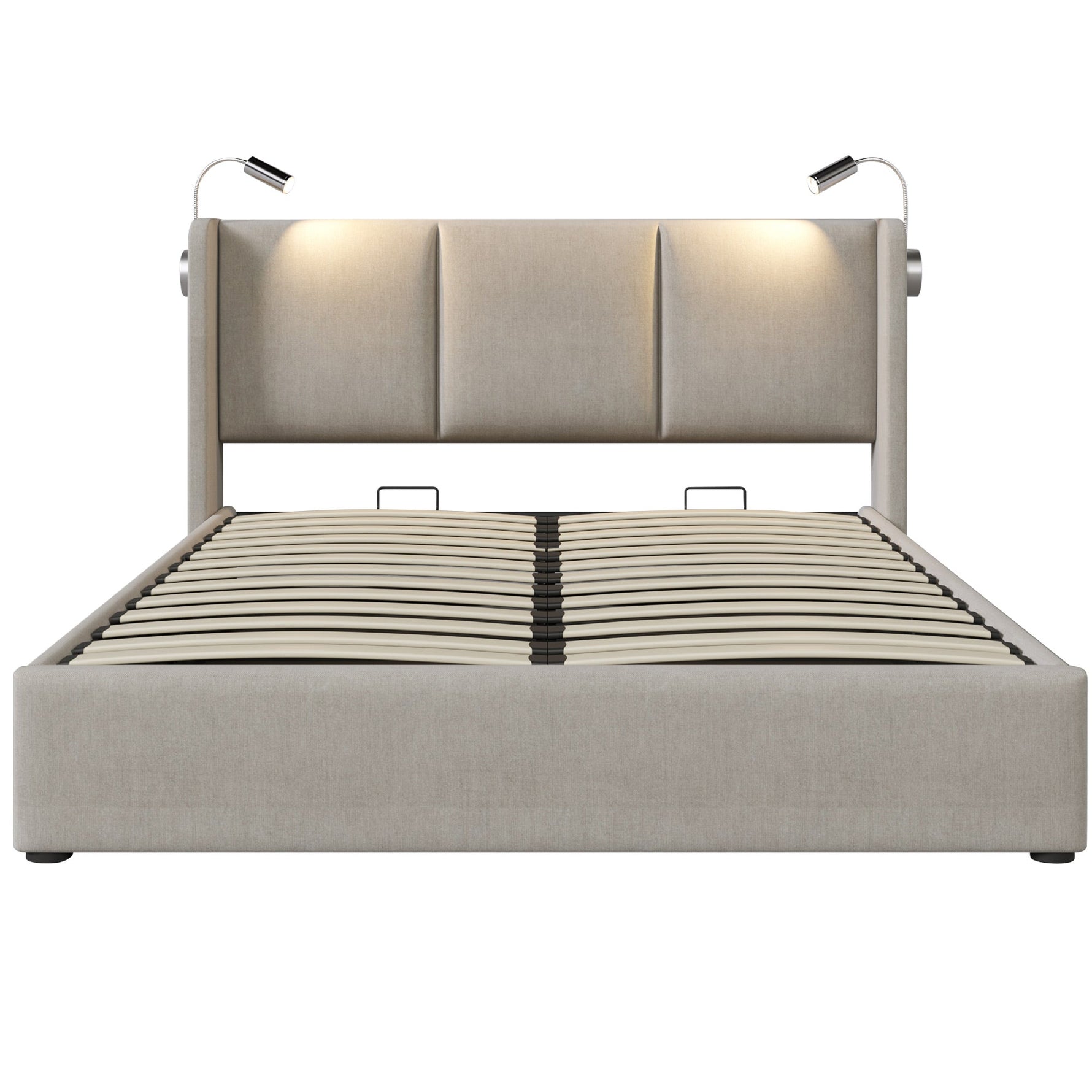 Upholstered Bed 140x200 Storage USB Reading Light, Linen Fabric