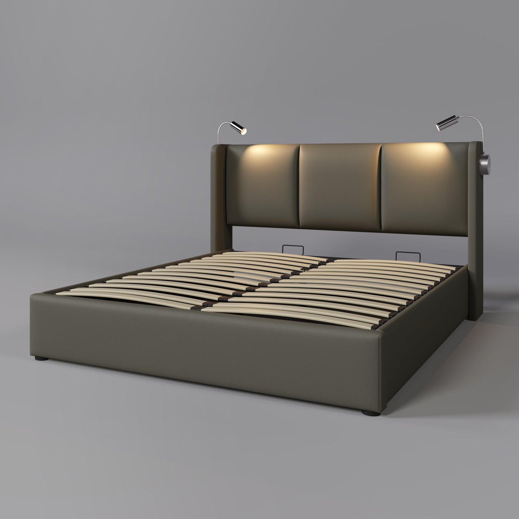Upholstered Double Bed 140x200 Storage, USB Light, Slatted Base, PU