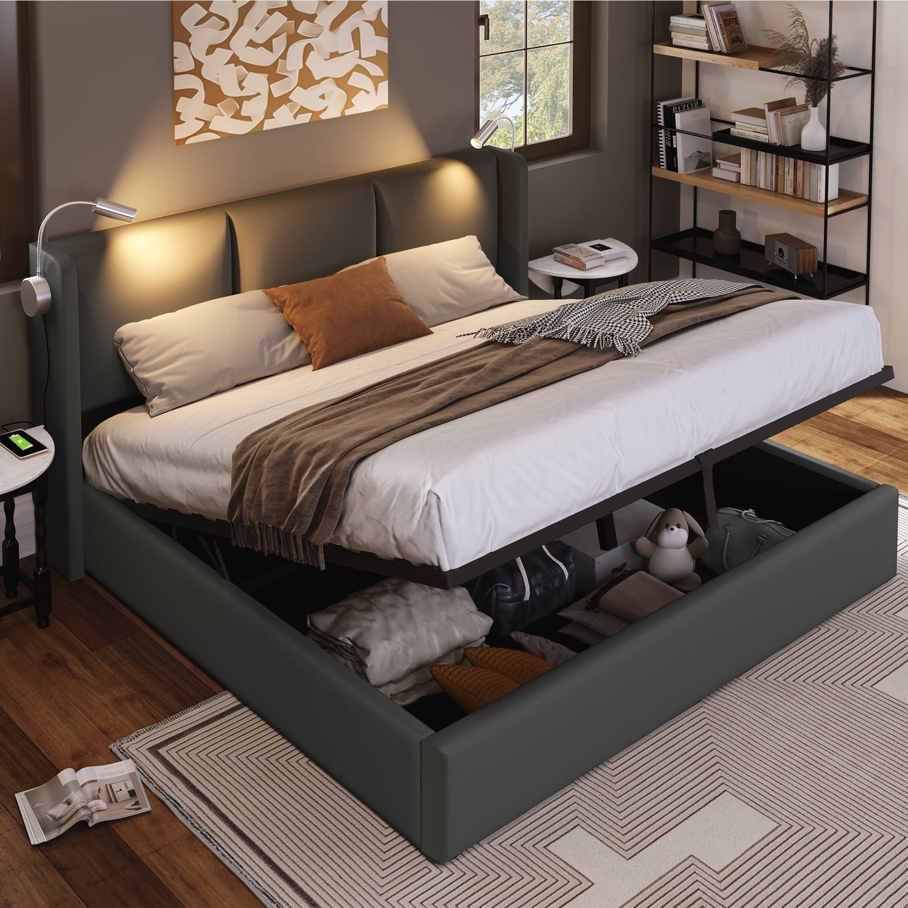 Upholstered Double Bed 160x200 Storage Reading Light Headboard PU