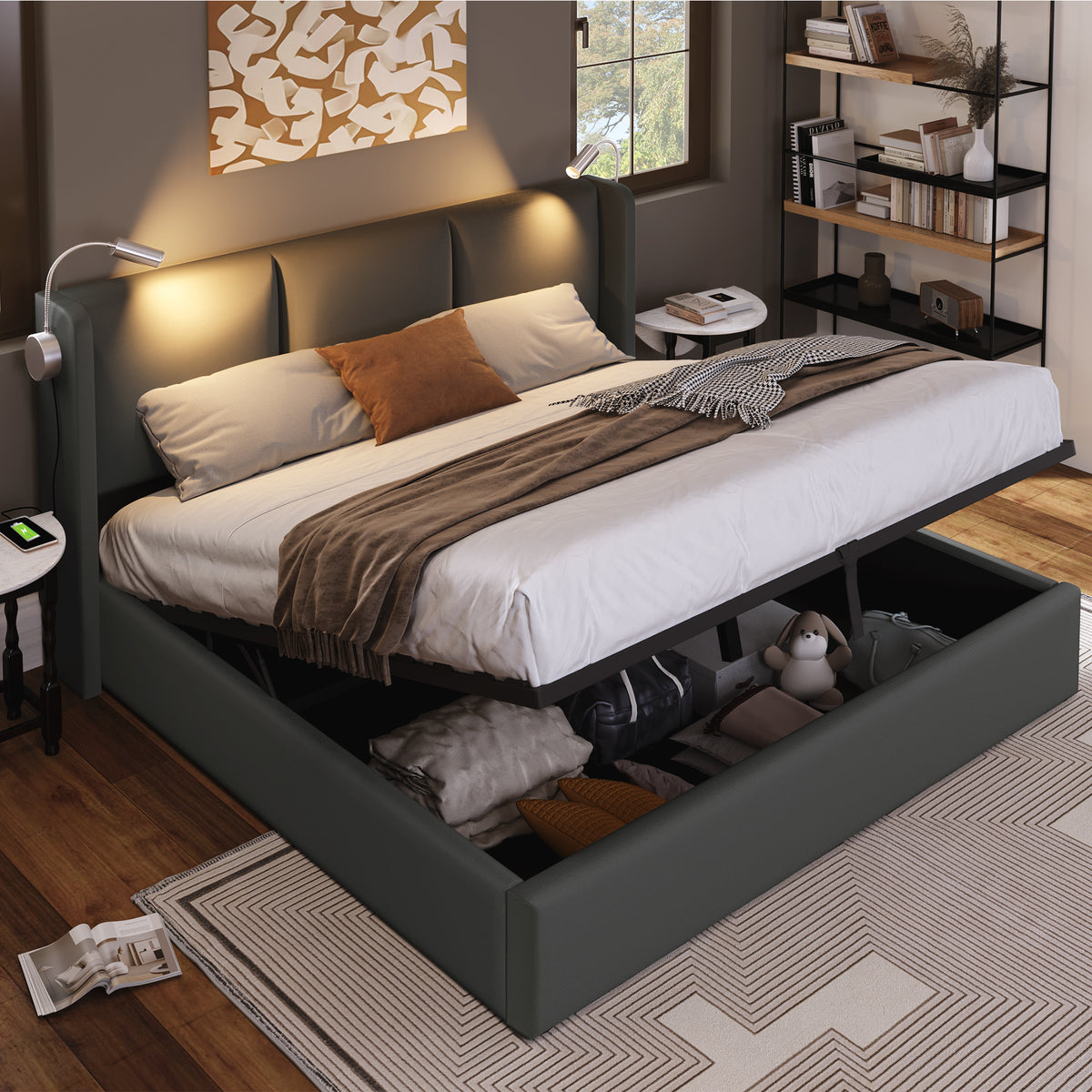 Upholstered Bed 180x200cm with Storage & LED Light, Grey PU Leather