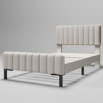Upholstered single bed, 90 x 200 cm, adjustable headboard, grey-beige linen