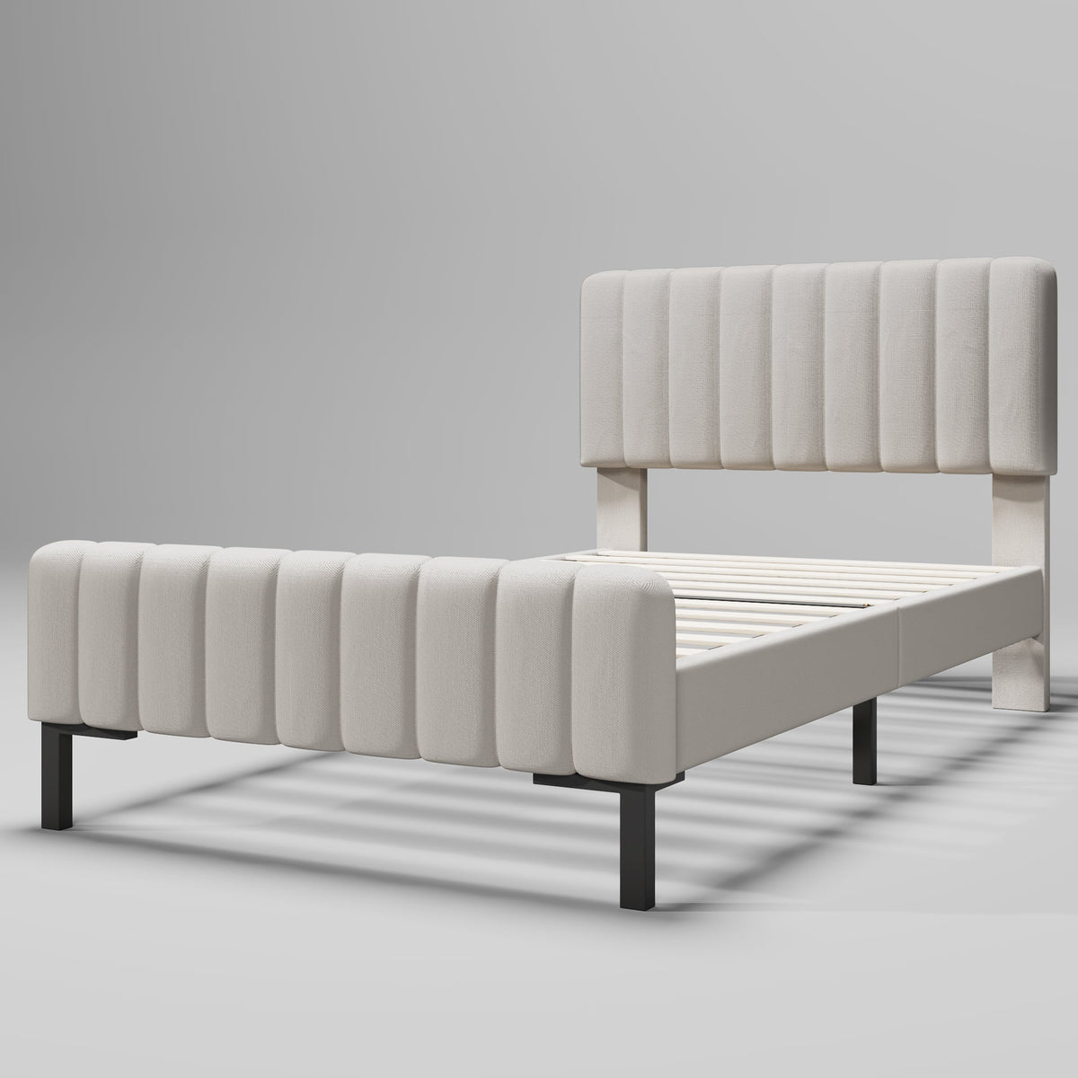 Upholstered single bed, 90 x 200 cm, adjustable headboard, grey-beige linen