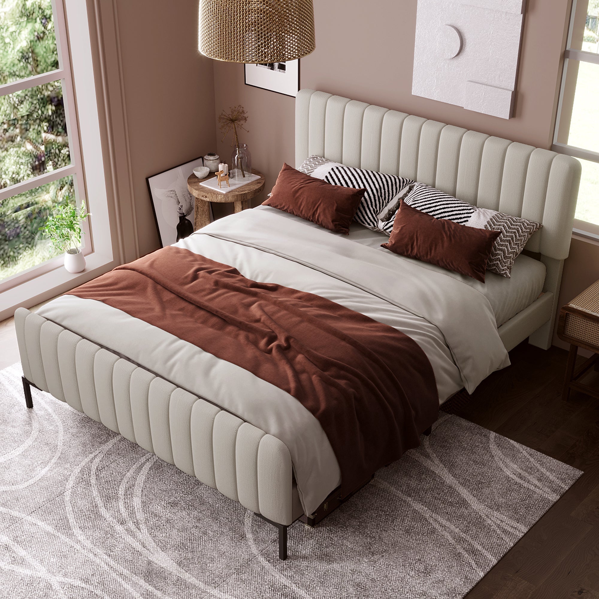 Upholstered Double Bed 140 x 200 cm, Adjustable Headboard, Grey-Beige Linen