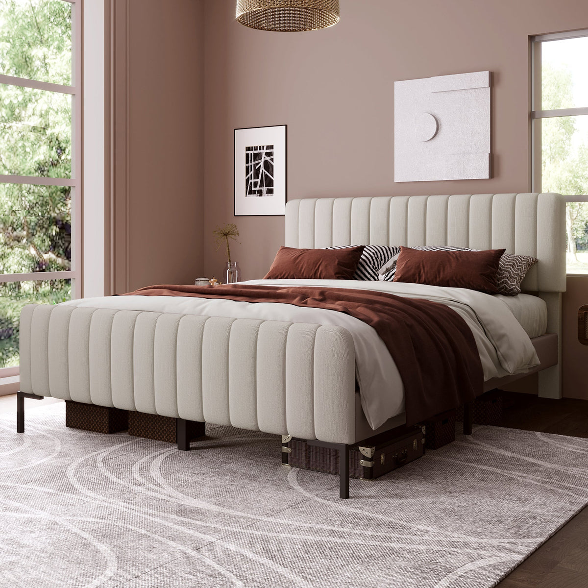 Upholstered Bed, 160x200cm, Adjustable Headboard, Grey-Beige Linen