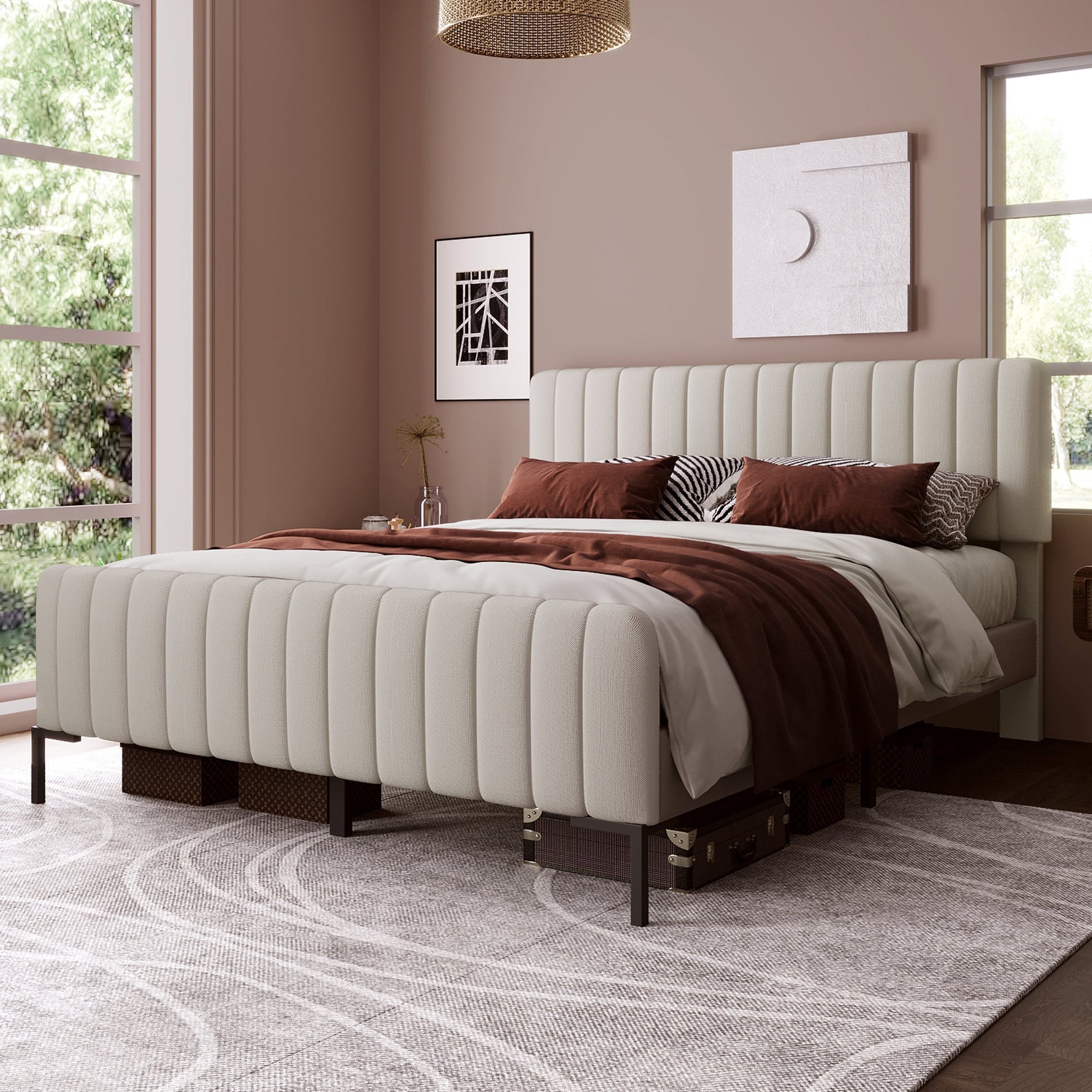 Upholstered Double Bed 140 x 200 cm, Adjustable Headboard, Grey-Beige Linen