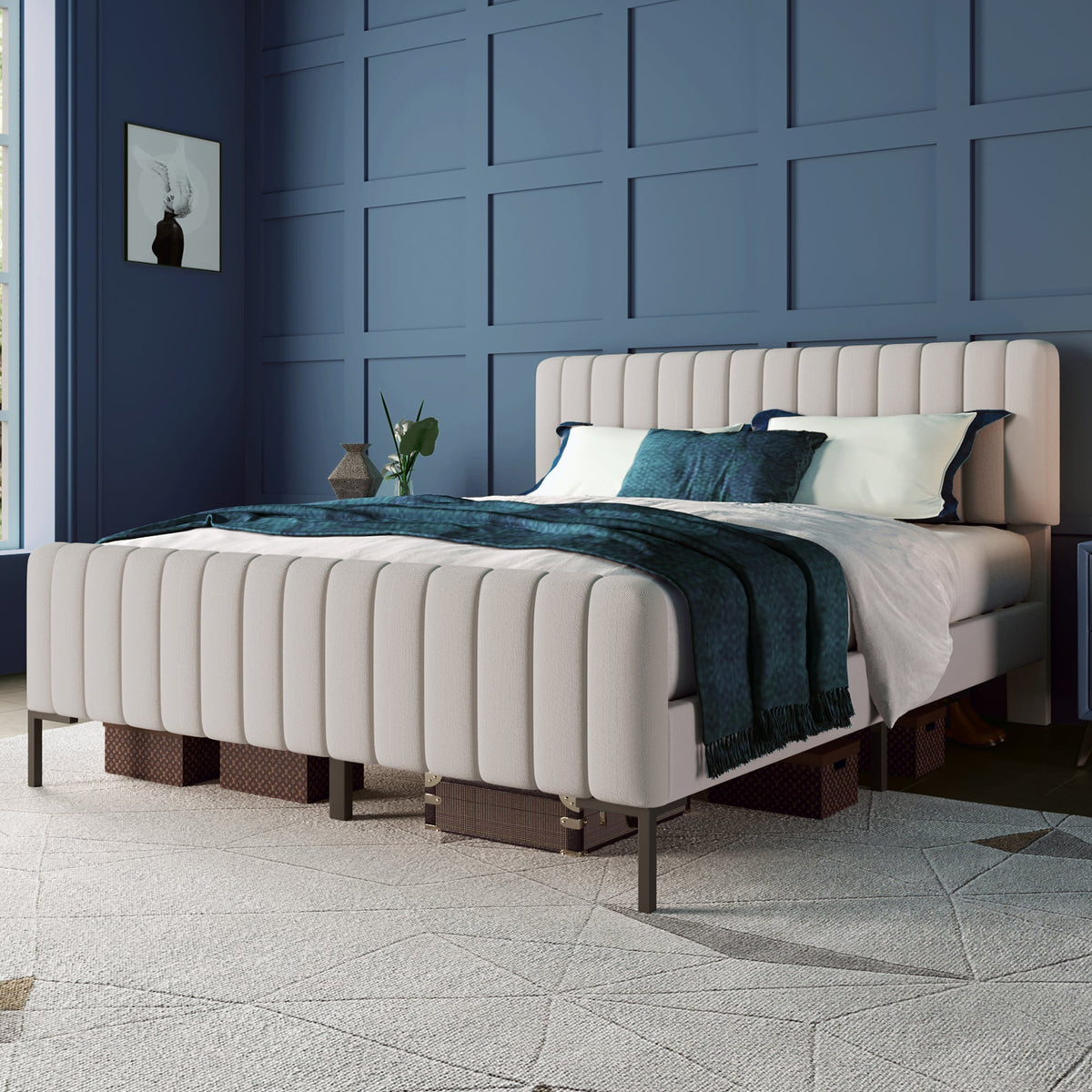Upholstered Bed Double Bed 180x200cm with Slatted Base and Adjustable Headboard, Grey-Beige Linen