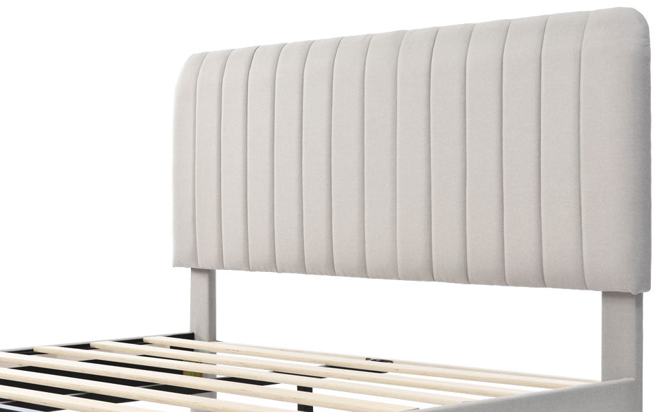 Upholstered Double Bed 140 x 200 cm, Adjustable Headboard, Grey-Beige Linen