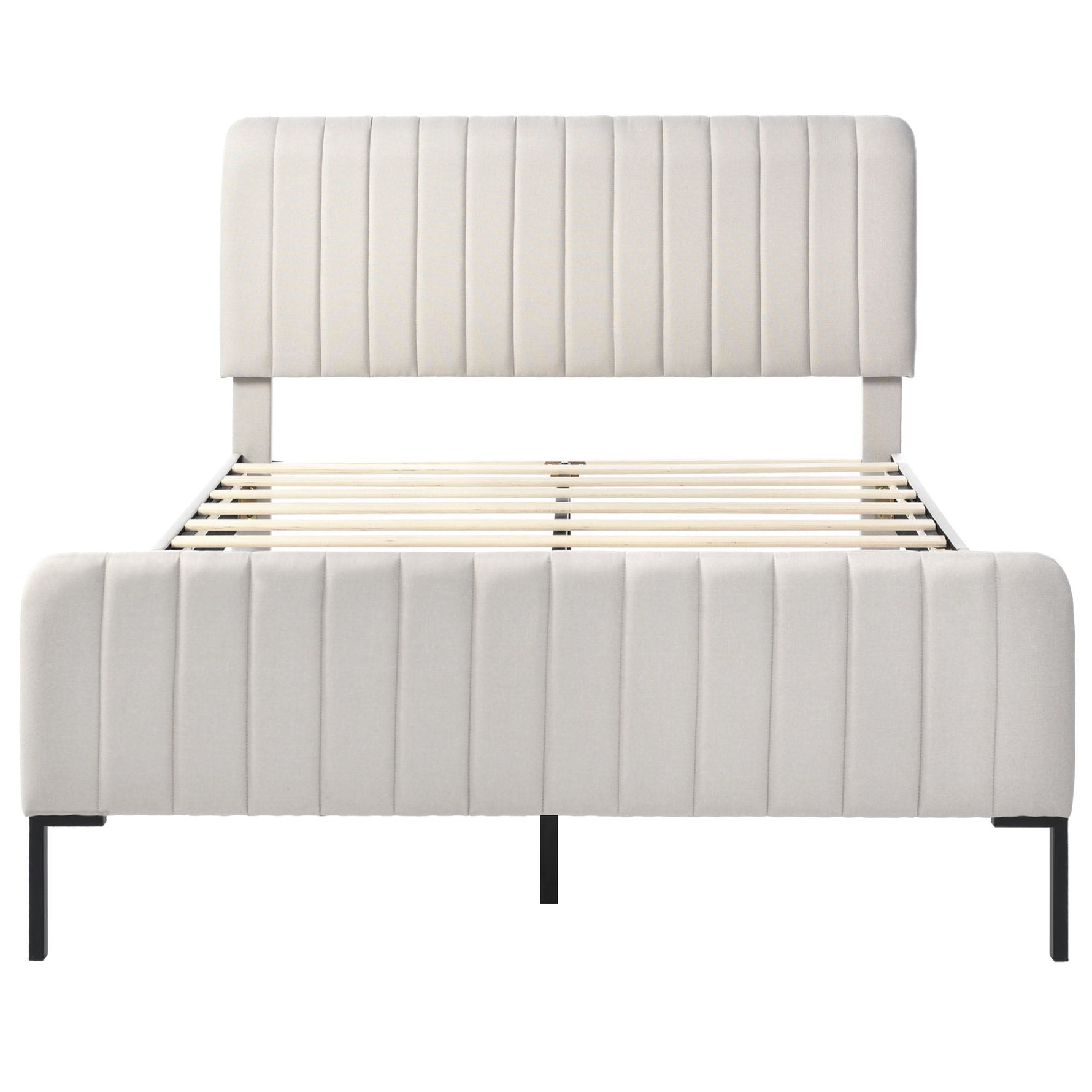 Upholstered Double Bed 140 x 200 cm, Adjustable Headboard, Grey-Beige Linen