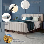 Upholstered Double Bed 140 x 200 cm, Adjustable Headboard, Grey-Beige Linen