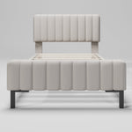 Upholstered single bed, 90 x 200 cm, adjustable headboard, grey-beige linen