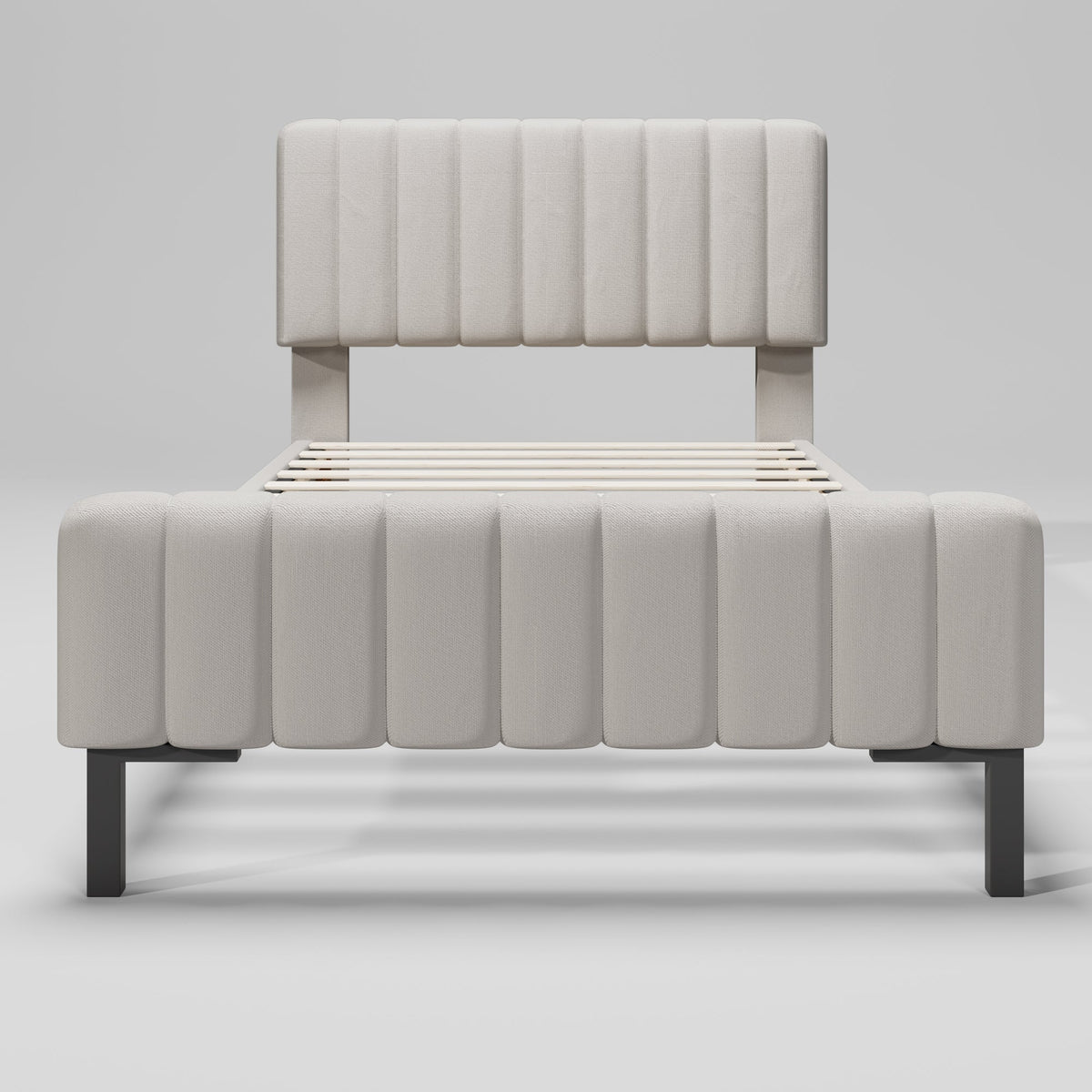 Upholstered single bed, 90 x 200 cm, adjustable headboard, grey-beige linen