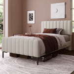 Upholstered Single Bed, 90x200cm Adjustable Headboard, Grey-Beige Linen