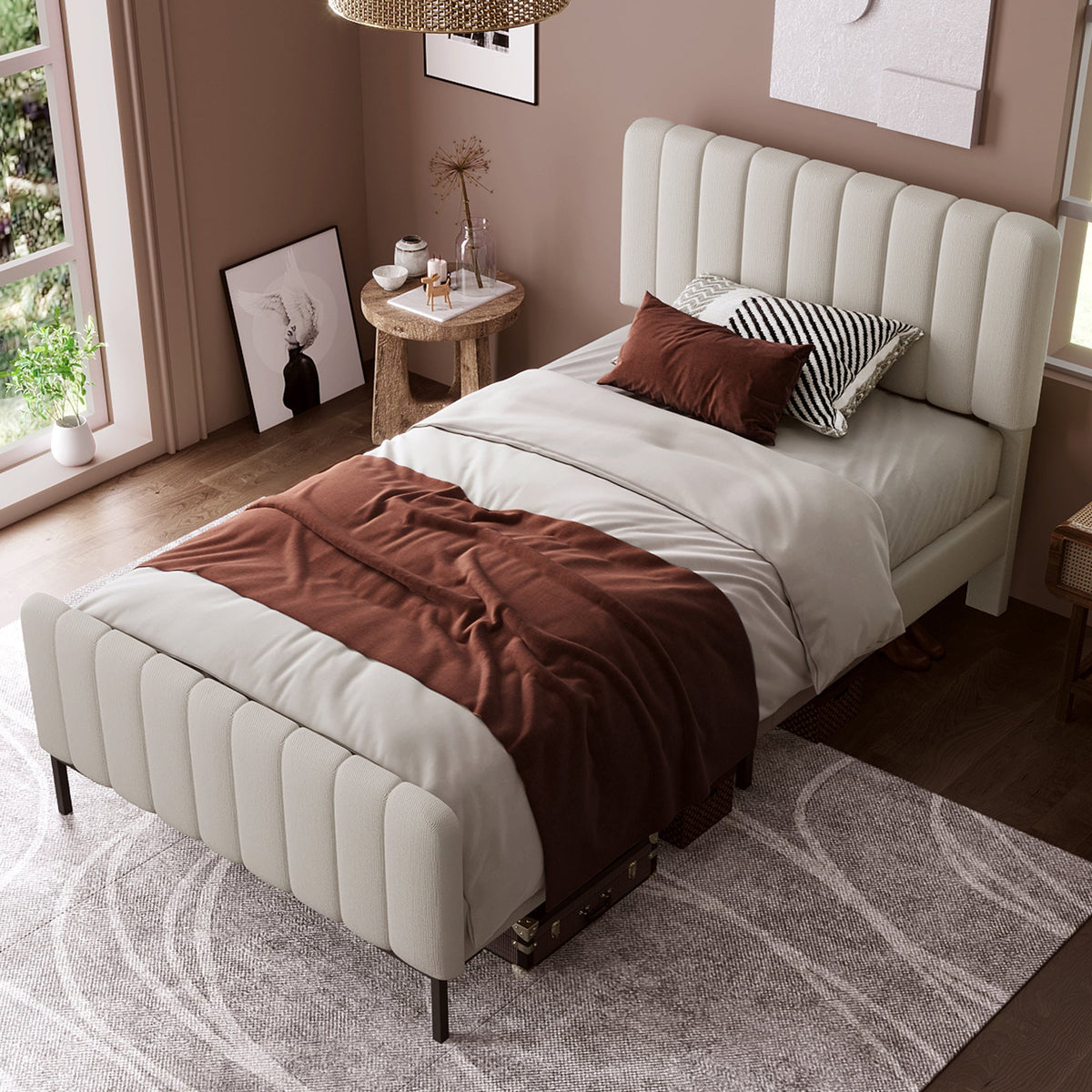 Upholstered Single Bed, 90x200cm Adjustable Headboard, Grey-Beige Linen