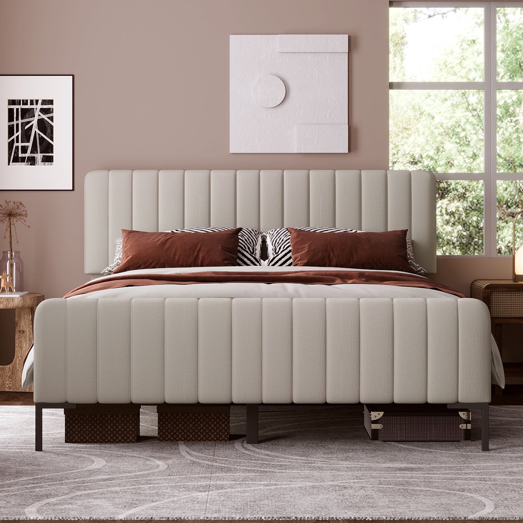 Upholstered Double Bed 140 x 200 cm, Adjustable Headboard, Grey-Beige Linen