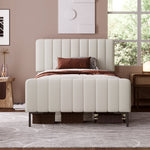 Upholstered single bed, 90 x 200 cm, adjustable headboard, grey-beige linen