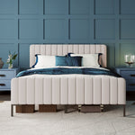 Upholstered Bed Double Bed 180x200cm with Slatted Base and Adjustable Headboard, Grey-Beige Linen