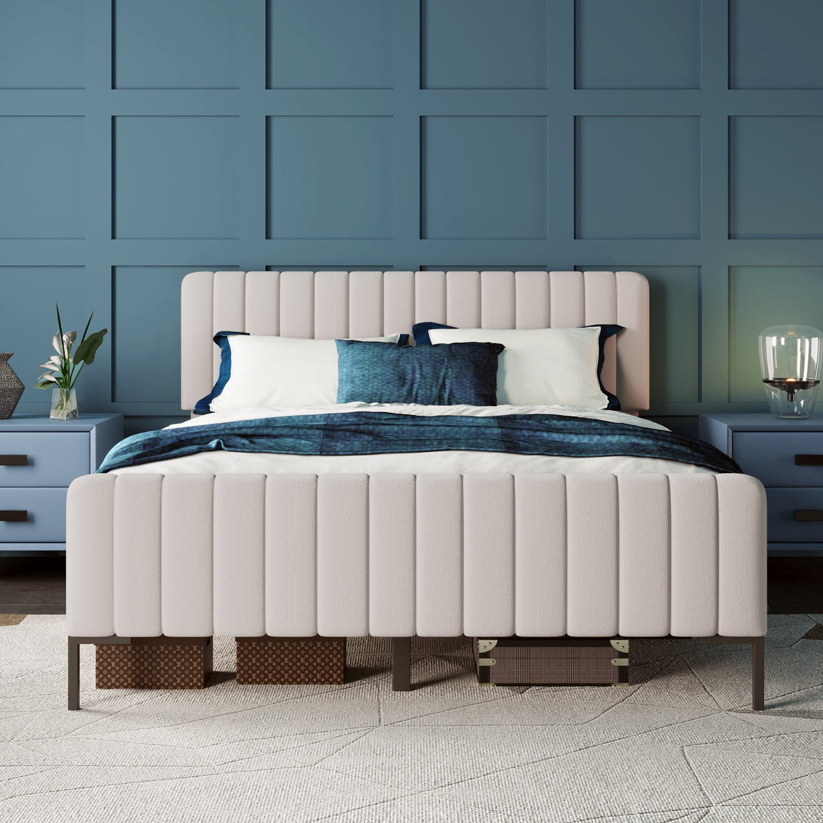 Upholstered Bed Double Bed 180x200cm with Slatted Base and Adjustable Headboard, Grey-Beige Linen