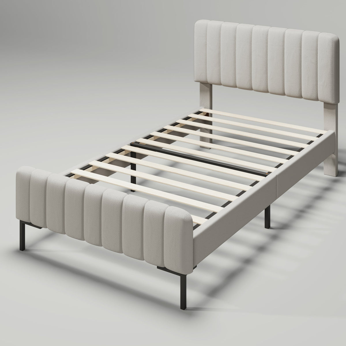 Upholstered single bed, 90 x 200 cm, adjustable headboard, grey-beige linen