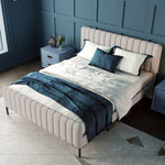 Upholstered Bed Double Bed 180x200cm with Slatted Base and Adjustable Headboard, Grey-Beige Linen
