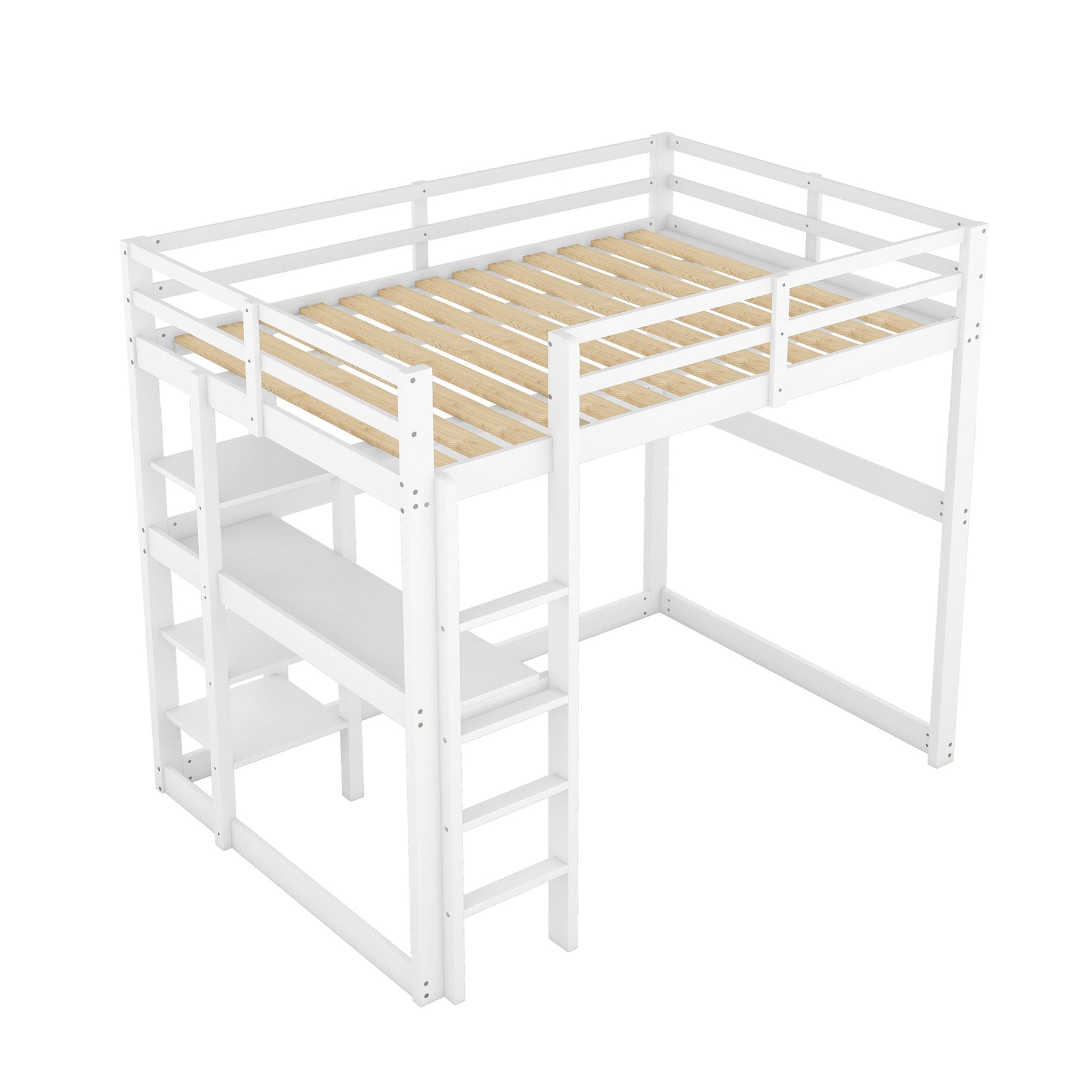 Loft Bed 140x200cm Storage Desk 4 Compartments - White Pine