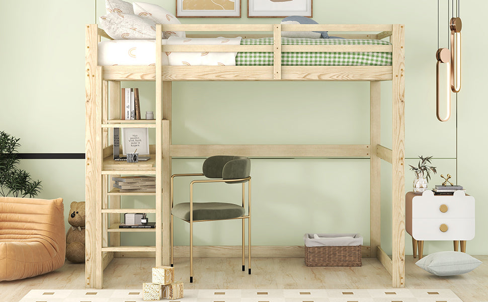 Children's Bunk Bed with Desk and 4 Storage Compartments, 140 x 200 cm, Pine Natural