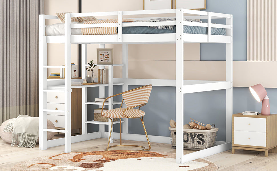 Loft Bed 140x200cm Storage Desk 4 Compartments - White Pine
