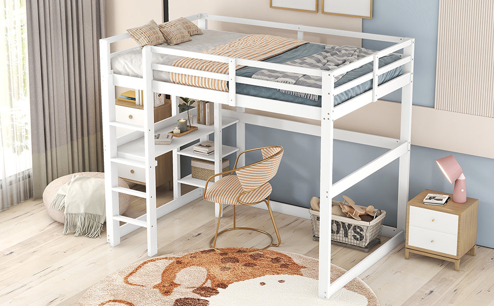 Loft Bed 140x200cm Storage Desk 4 Compartments - White Pine