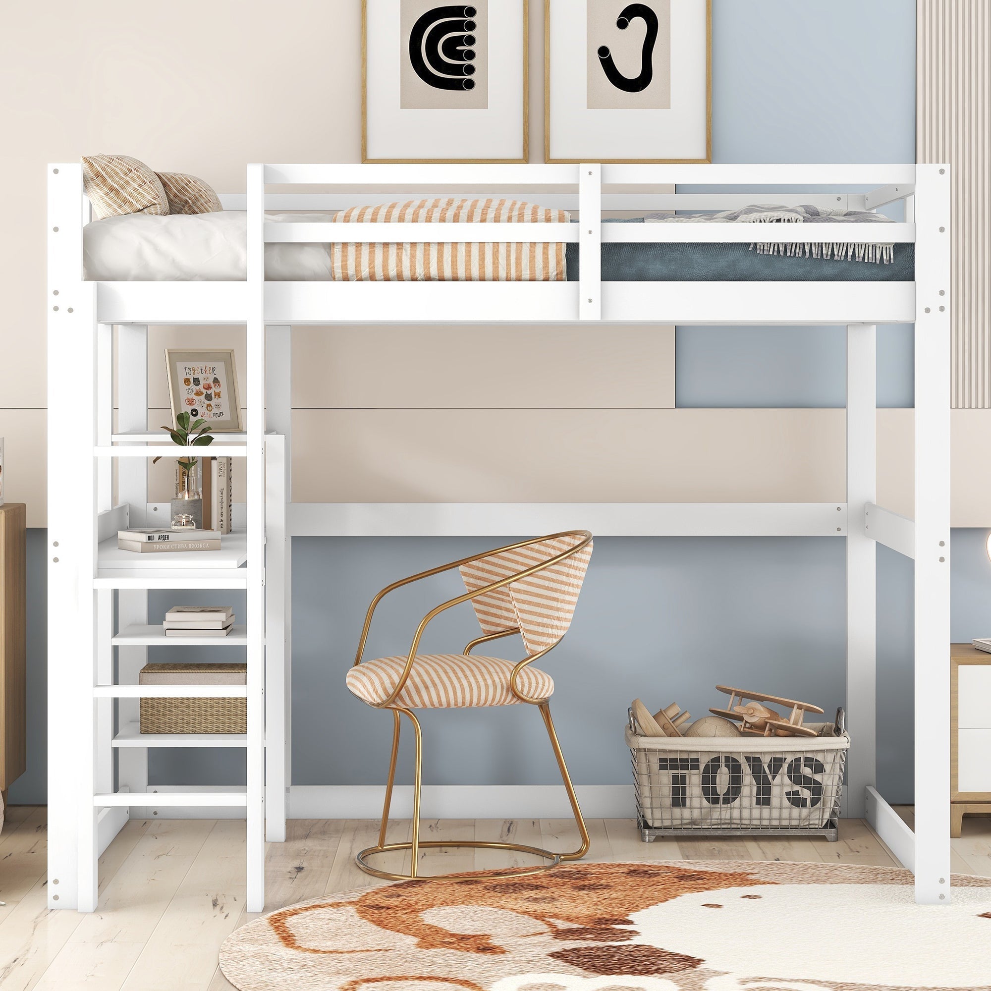 Loft Bed 140x200cm Storage Desk 4 Compartments - White Pine