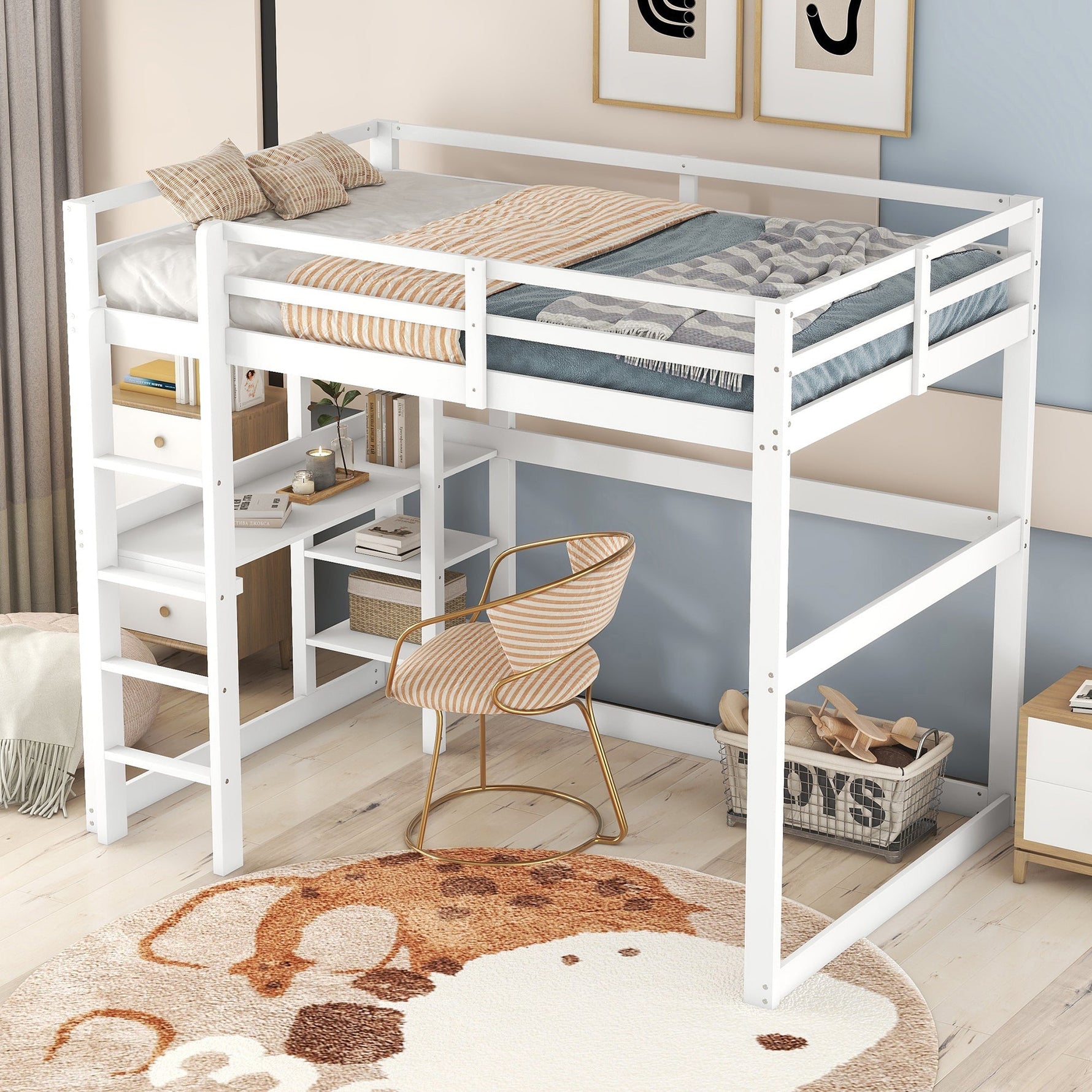 Loft Bed 140x200cm Storage Desk 4 Compartments - White Pine