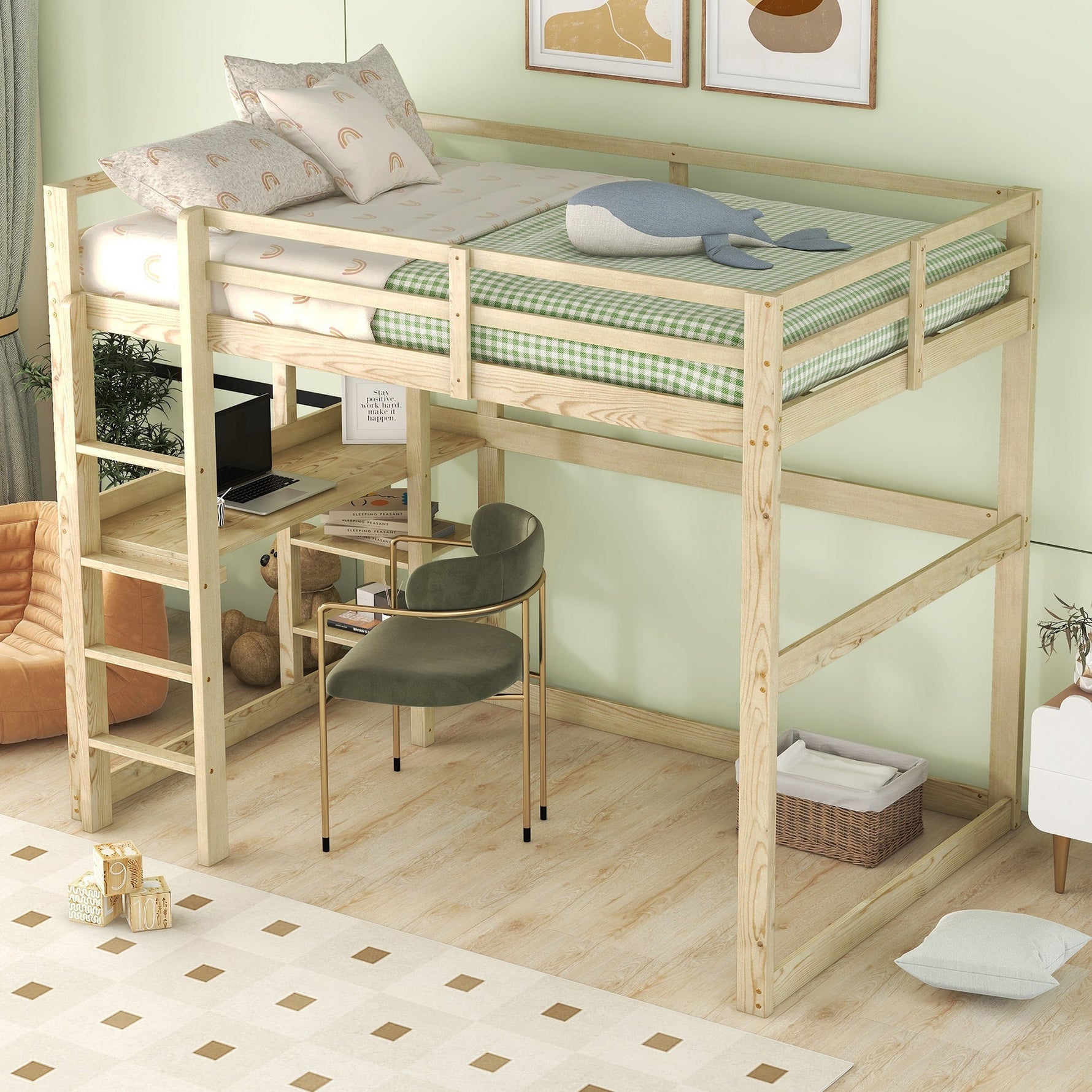 Children's Bunk Bed with Desk and 4 Storage Compartments, 140 x 200 cm, Pine Natural