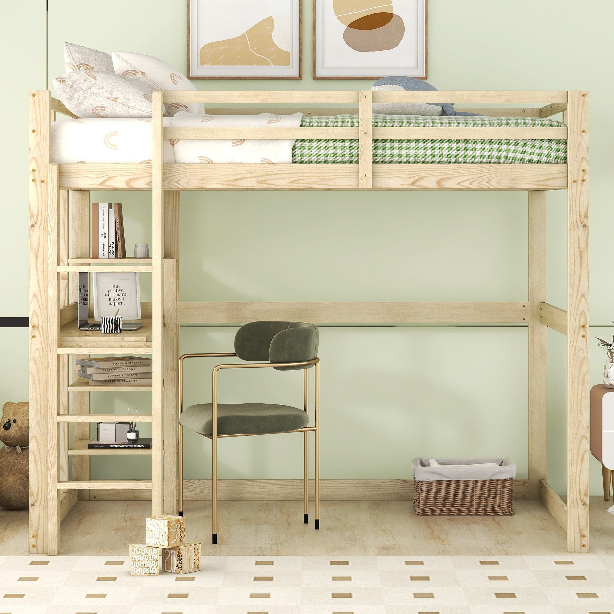 Children's Bunk Bed with Desk and 4 Storage Compartments, 140 x 200 cm, Pine Natural