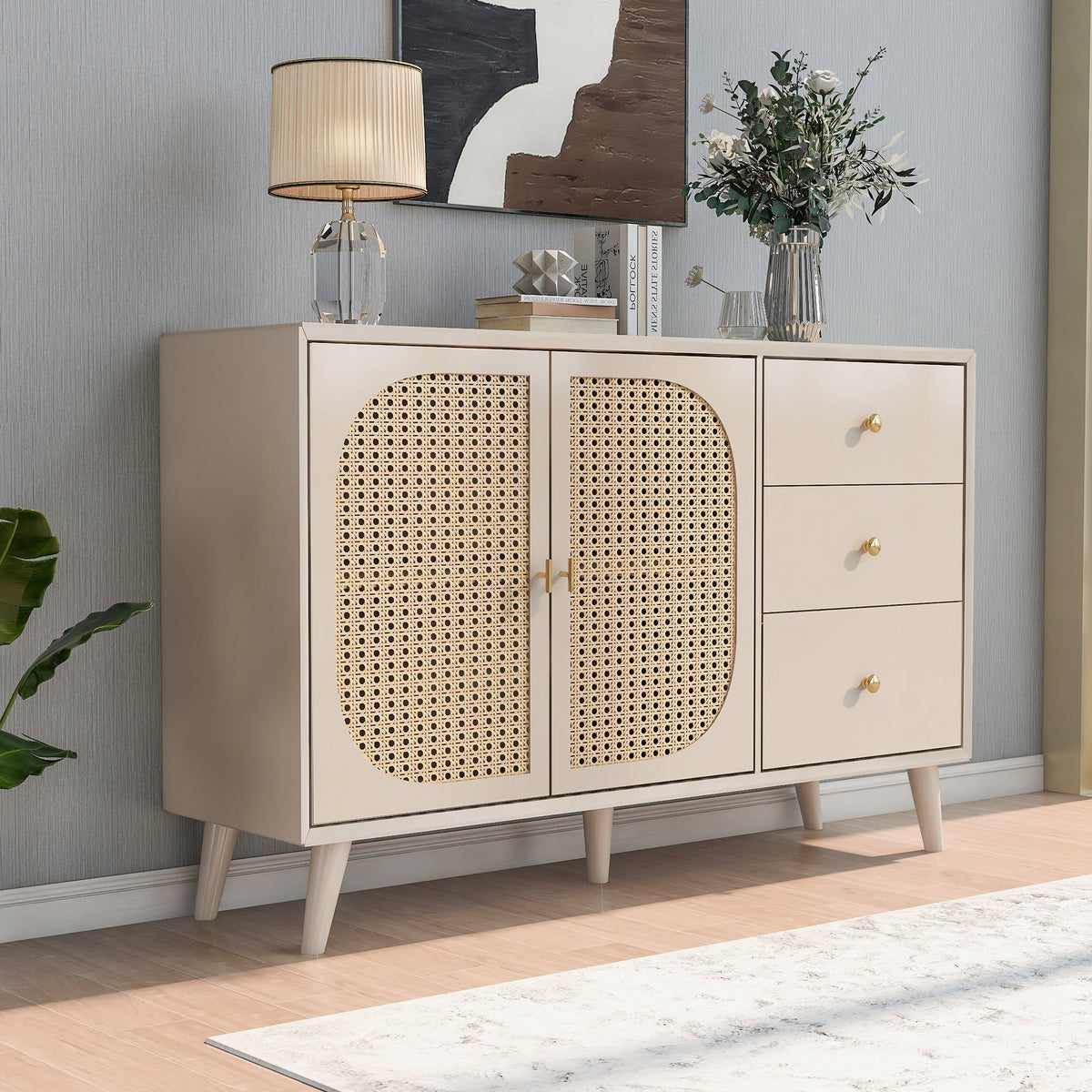 Sideboard Storage TV Table with Drawers & Doors, Large Capacity, Off-White Cream 120cm