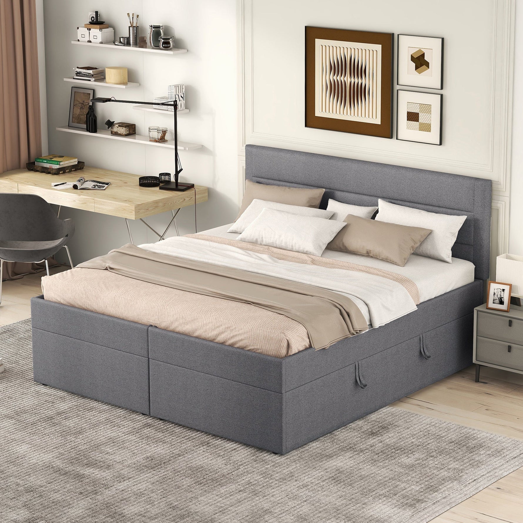 Upholstered Double Bed 200x140cm Dual Access Storage Metal Slats - Grey