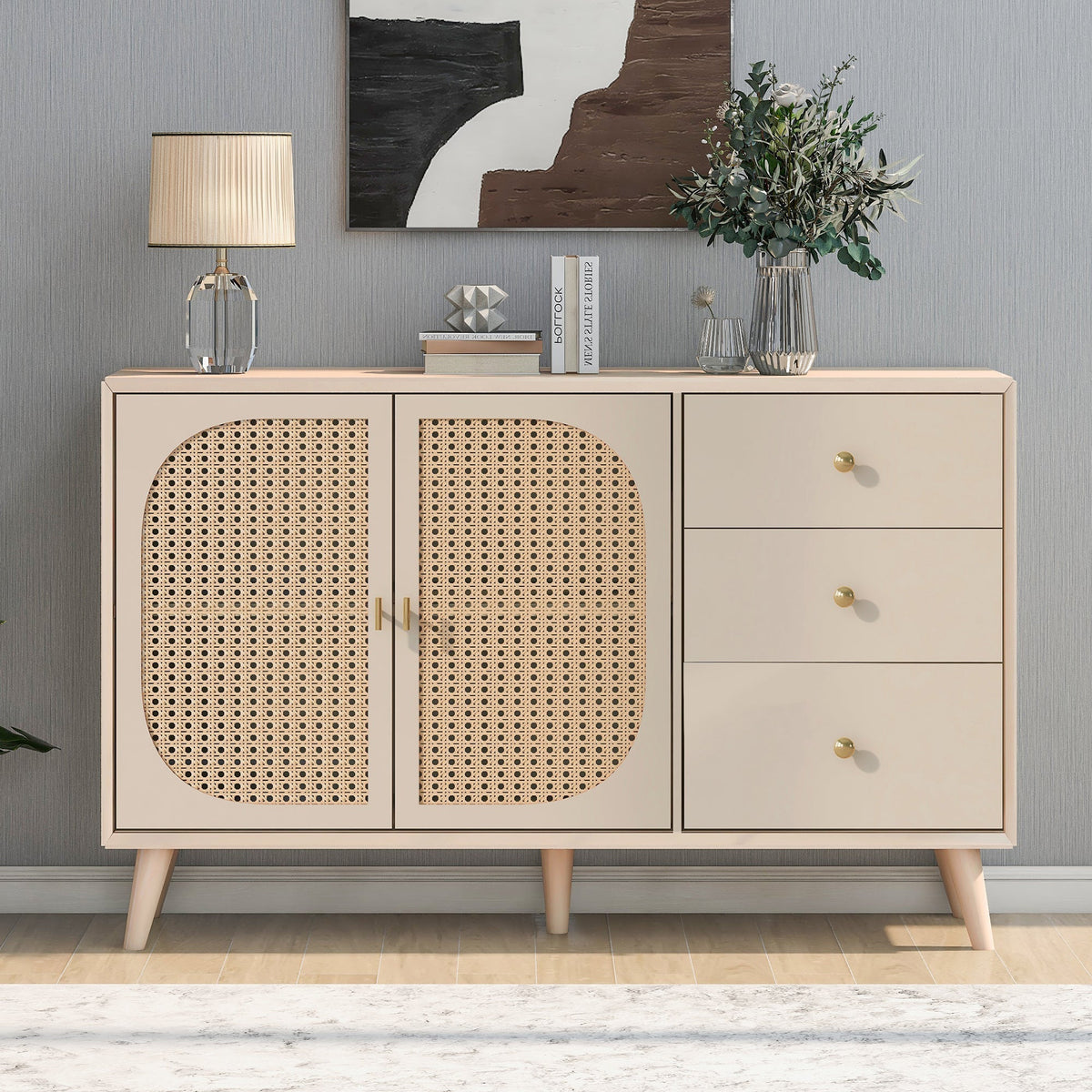Sideboard Storage TV Table with Drawers & Doors, Large Capacity, Off-White Cream 120cm