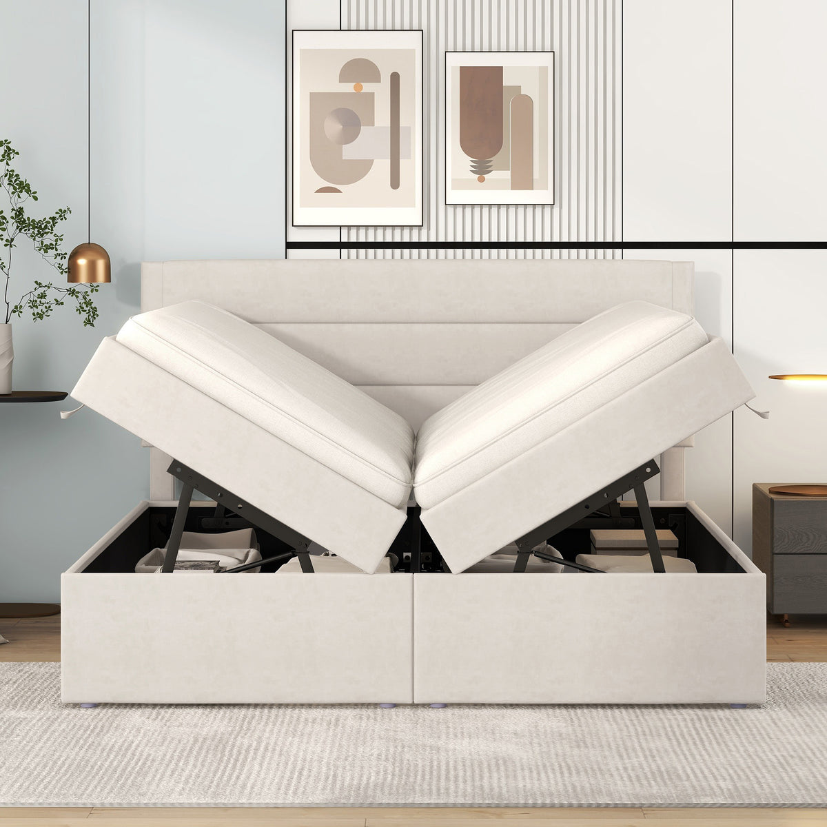 Upholstered Double Bed 140x200cm with Storage, Beige