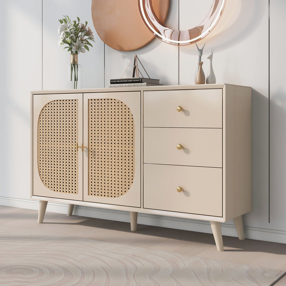 Sideboard Storage TV Table with Drawers & Doors, Large Capacity, Off-White Cream 120cm
