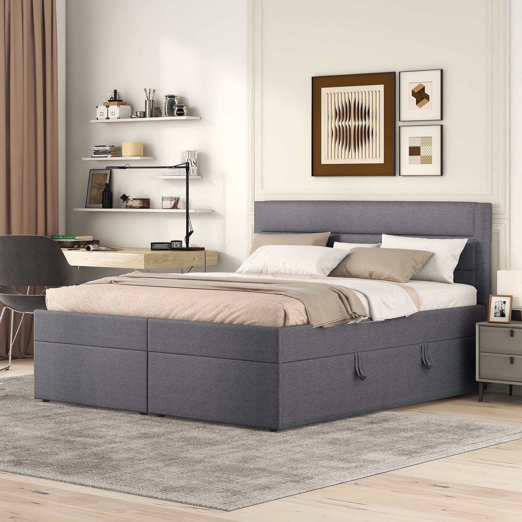 Upholstered Double Bed 200x140cm Dual Access Storage Metal Slats - Grey
