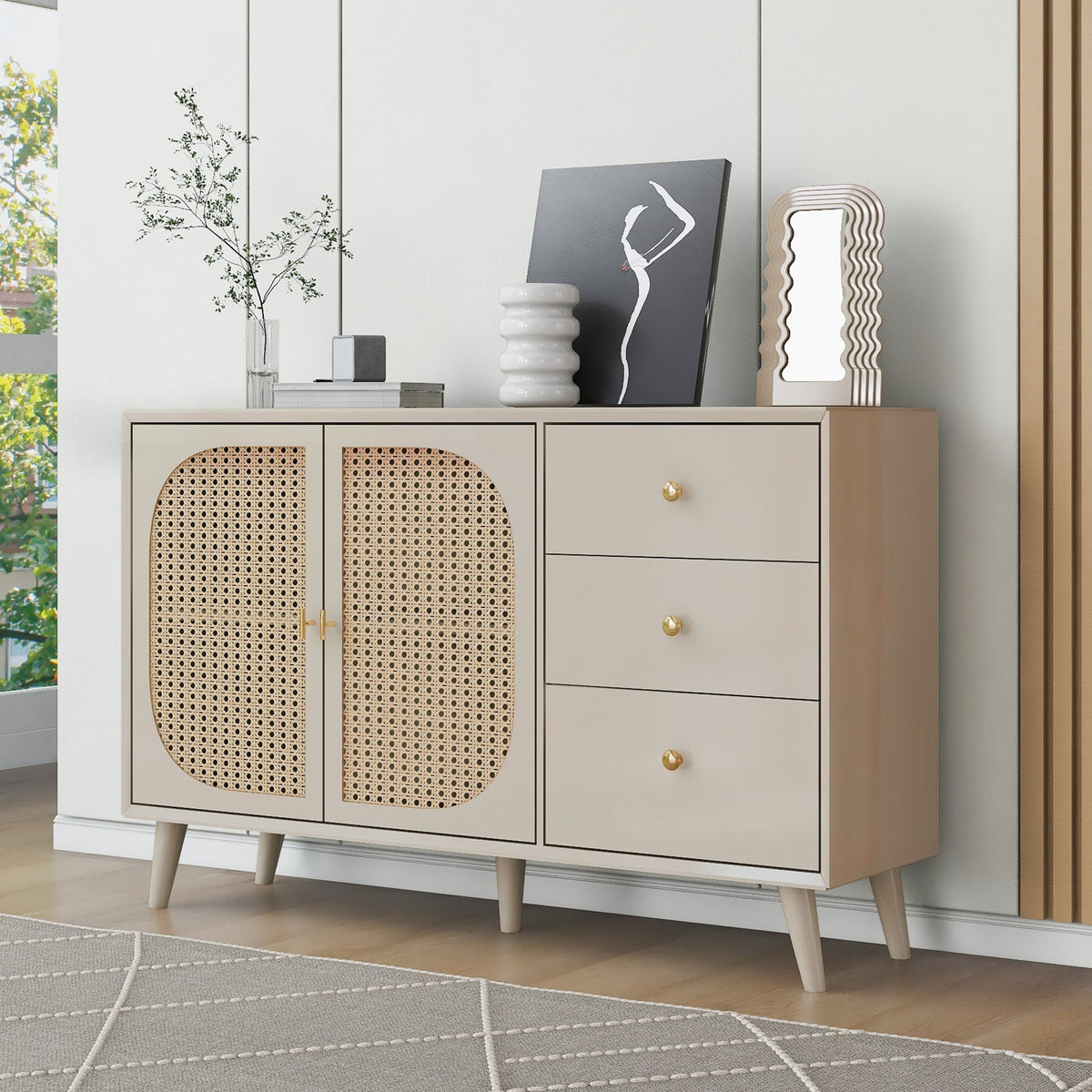 Sideboard Storage TV Table with Drawers & Doors, Large Capacity, Off-White Cream 120cm