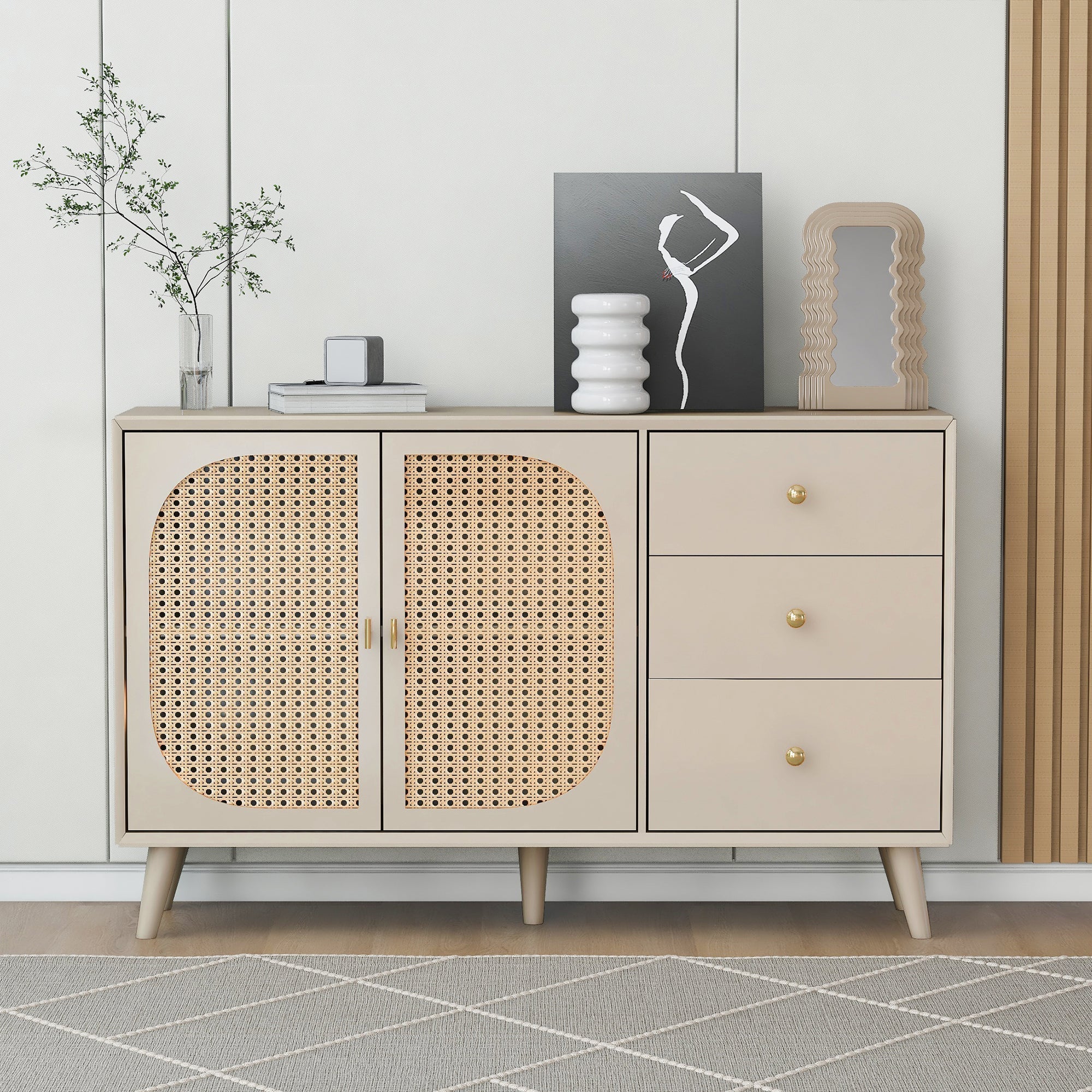 Sideboard Storage TV Table with Drawers & Doors, Large Capacity, Off-White Cream 120cm