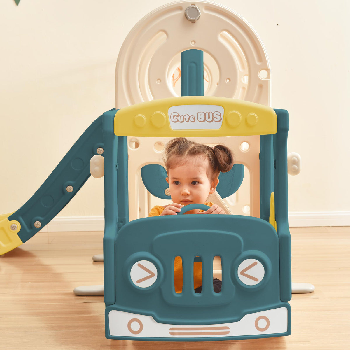 Children's Slide 4-in-1 Set with Bus Activity Ladder Basketball Hoop, high-density polyethylene