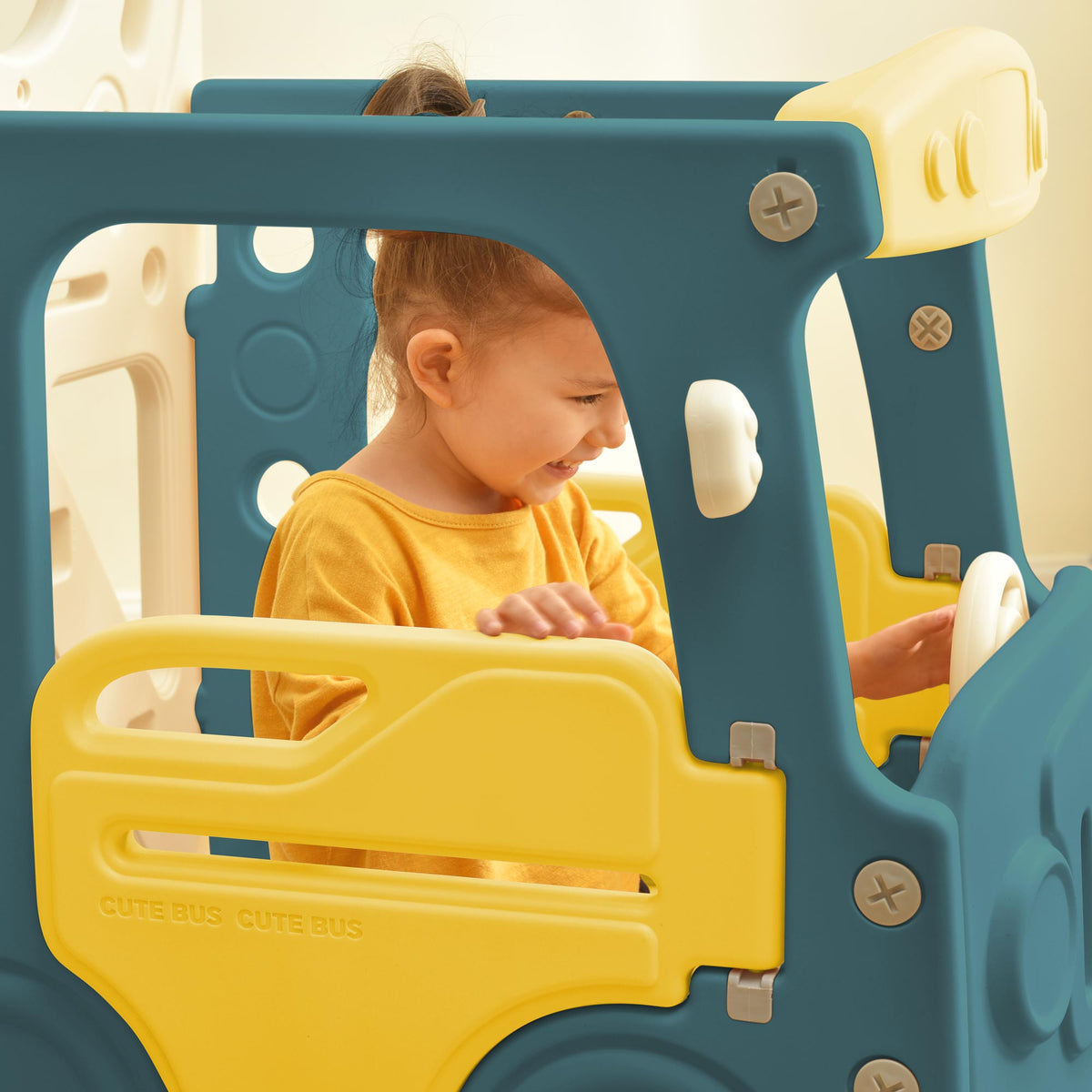 Children's Slide 4-in-1 Set with Bus Activity Ladder Basketball Hoop, high-density polyethylene