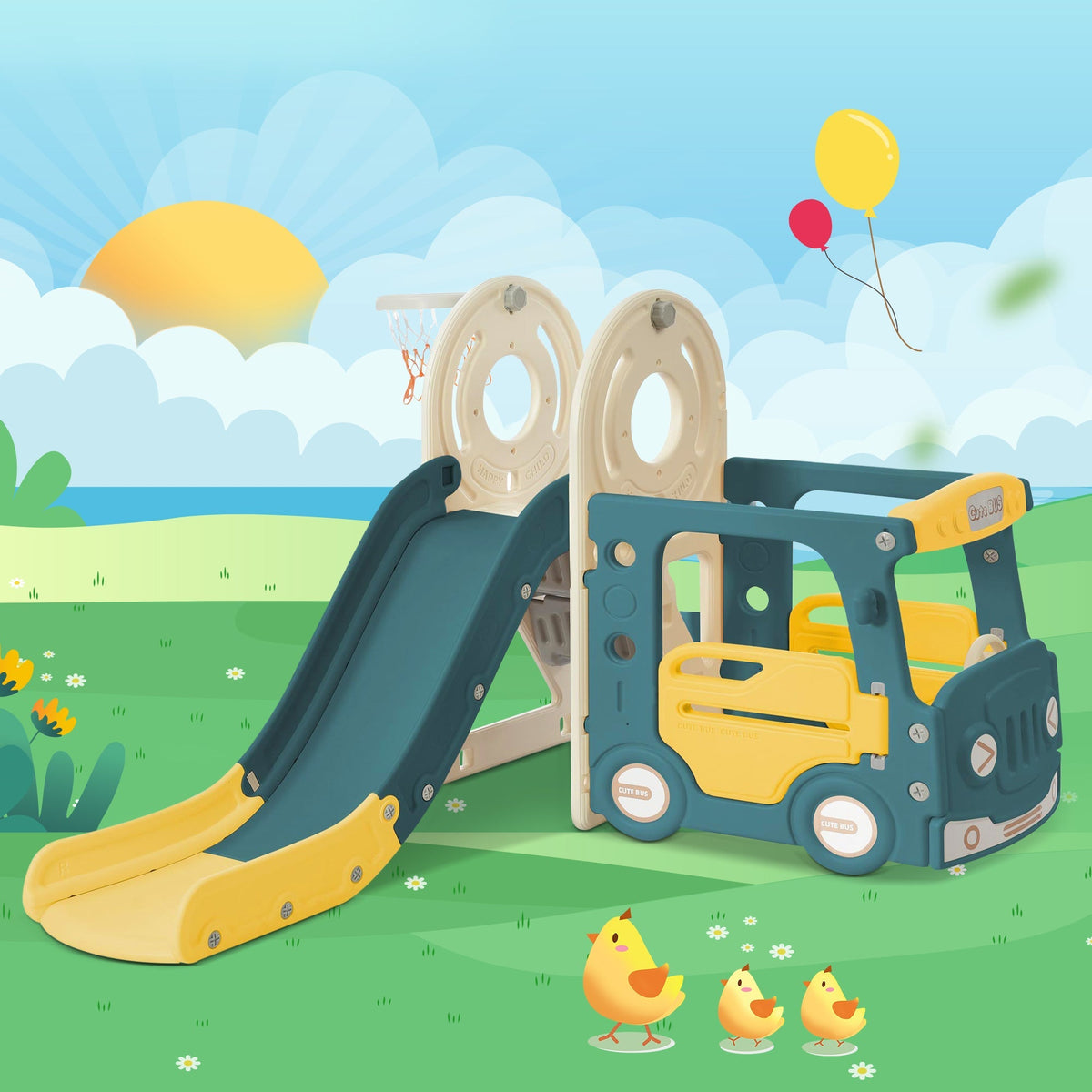 Children's Slide 4-in-1 Set with Bus Activity Ladder Basketball Hoop, high-density polyethylene