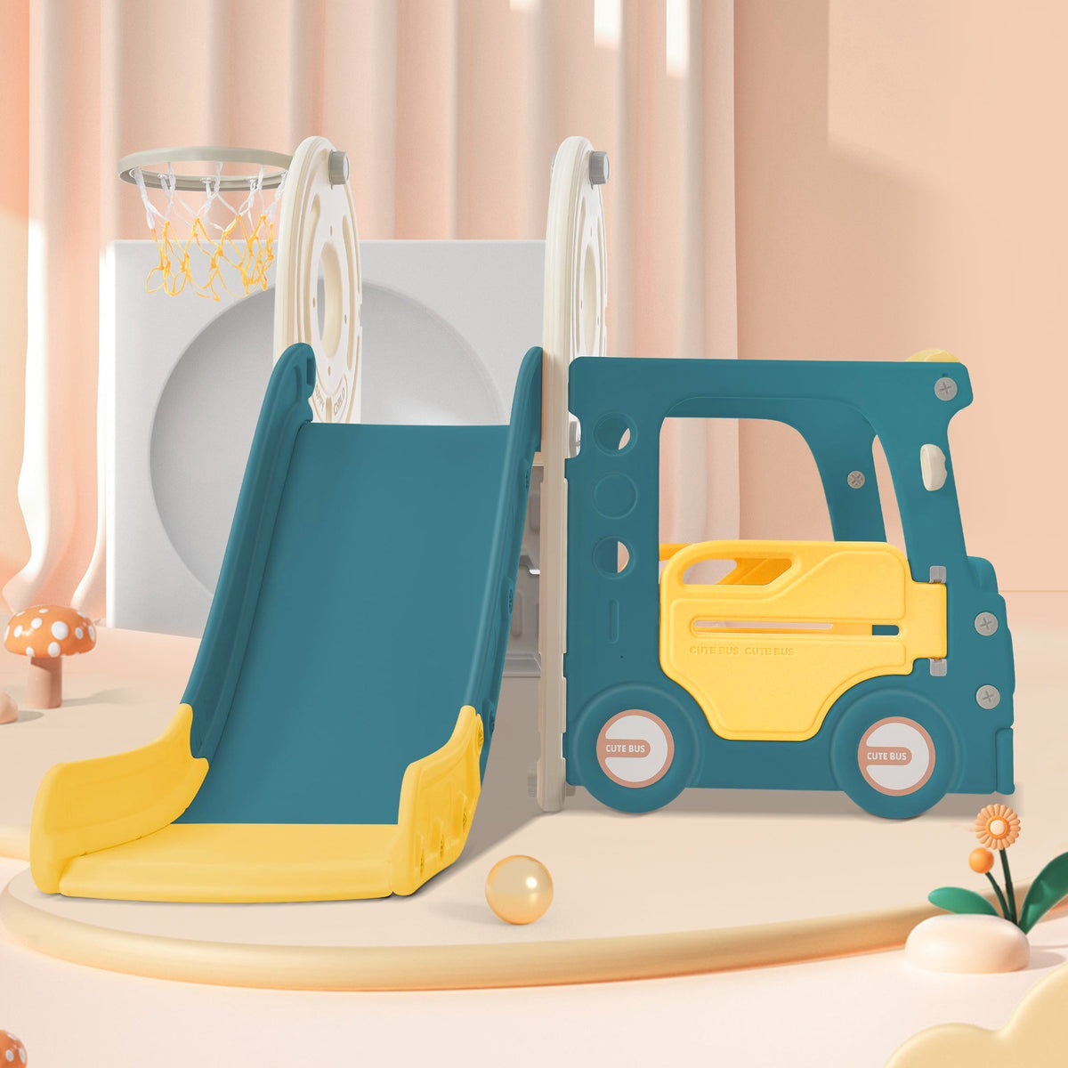 Children's Slide 4-in-1 Set with Bus Activity Ladder Basketball Hoop, high-density polyethylene