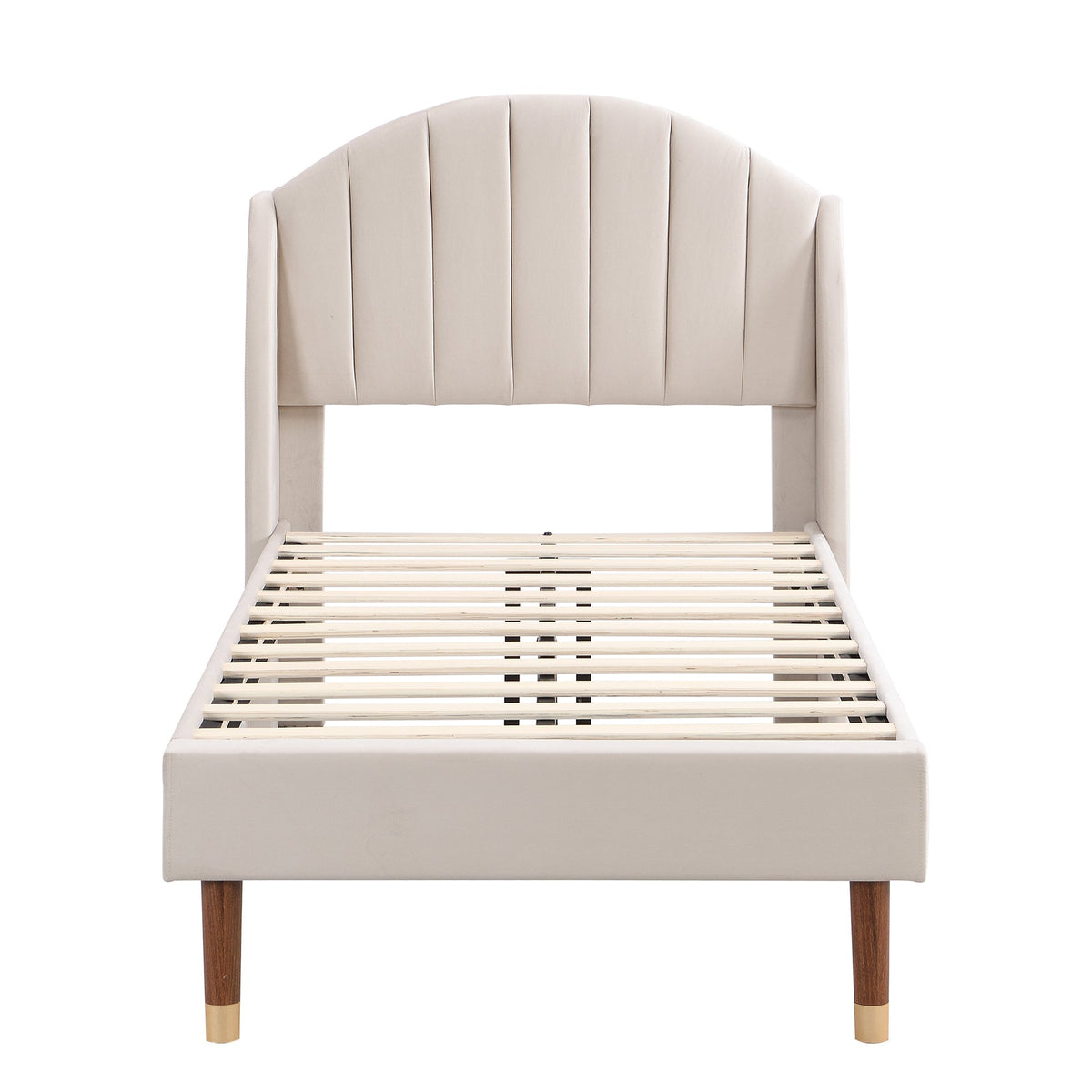 Upholstered Single Bed 90x200cm with Slatted Base Headboard Easy Assembly Velvet Beige
