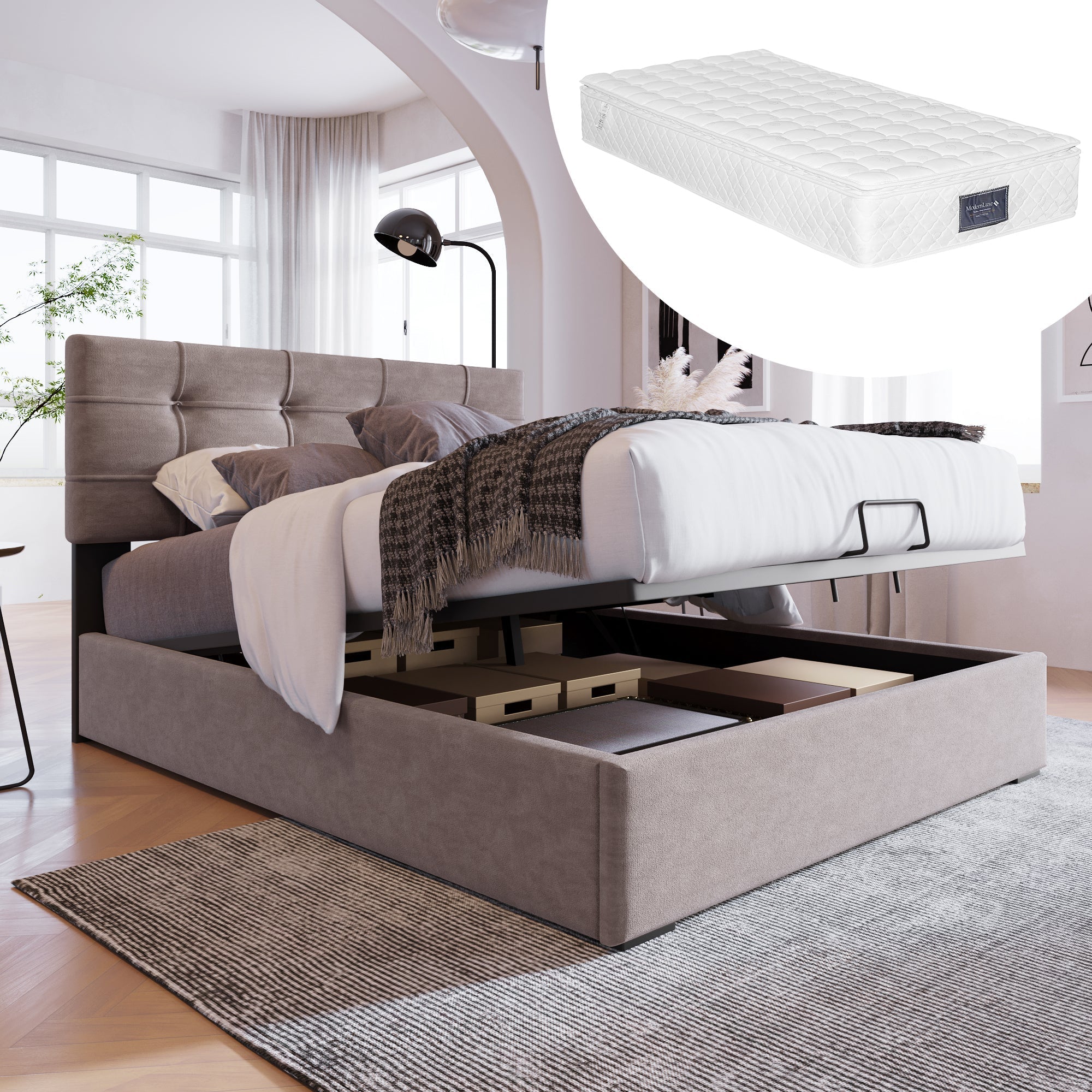Hydraulic Bed, 90x200cm, Adjustable Headboard, Storage, Light Grey Velvet