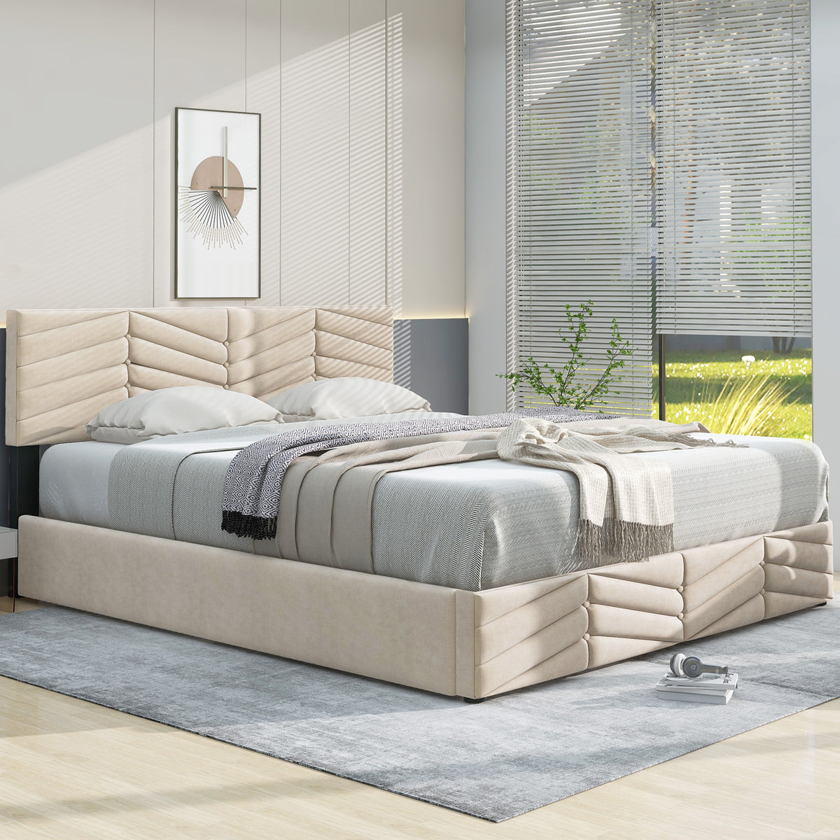 Upholstered Bed 140x190cm with Adjustable Headboard, Beige Velvet