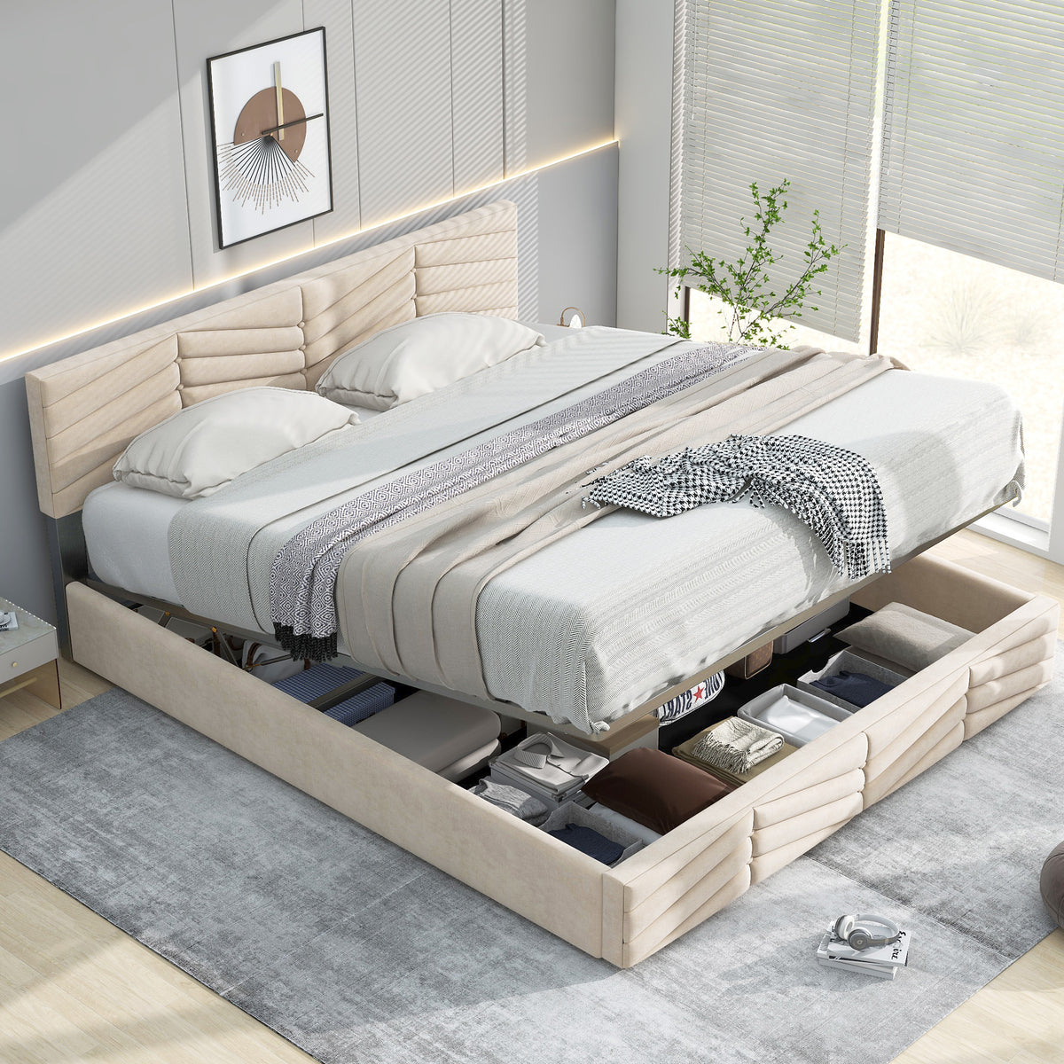 Upholstered Bed 140x190cm with Adjustable Headboard, Beige Velvet