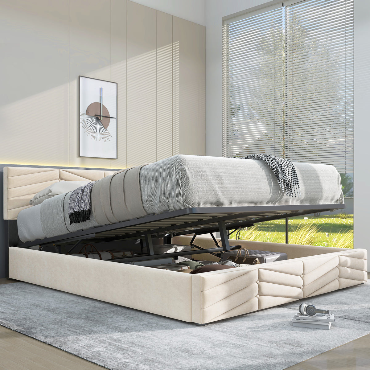 Upholstered Bed 140x190cm with Adjustable Headboard, Beige Velvet