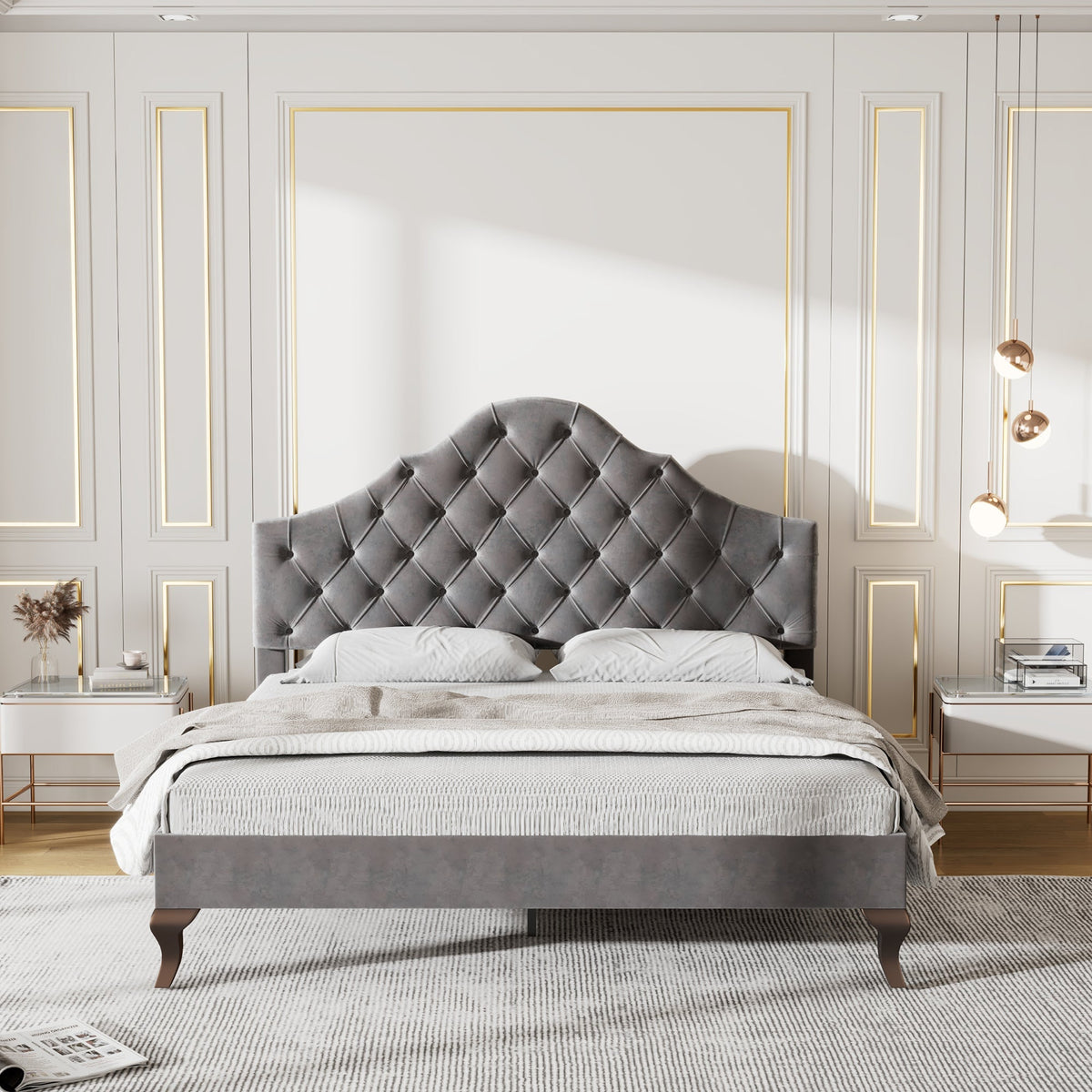 Upholstered Bed with Slatted Frame and Height-Adjustable Headboard, 140x200, Gray Velvet