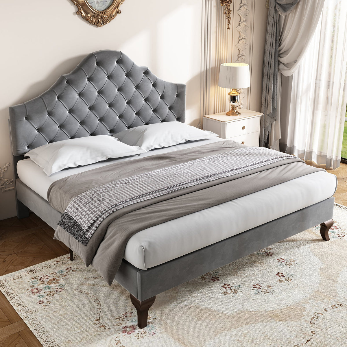 Upholstered Bed with Slatted Frame and Height-Adjustable Headboard, 140x200, Gray Velvet